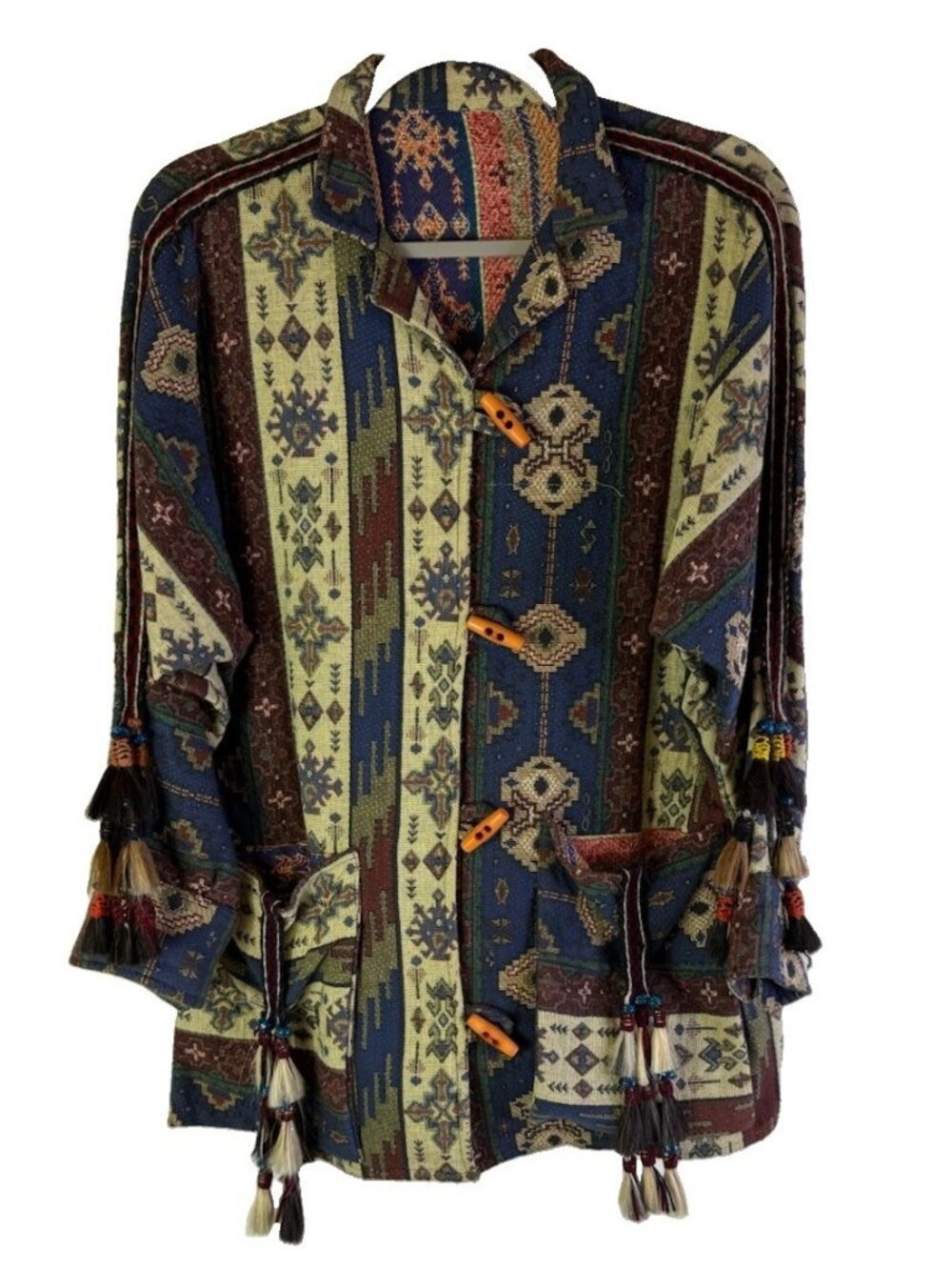 Vintage Rainbow Tapestry Jacket Horse Hair Tassel Tribal Western Navajo OS